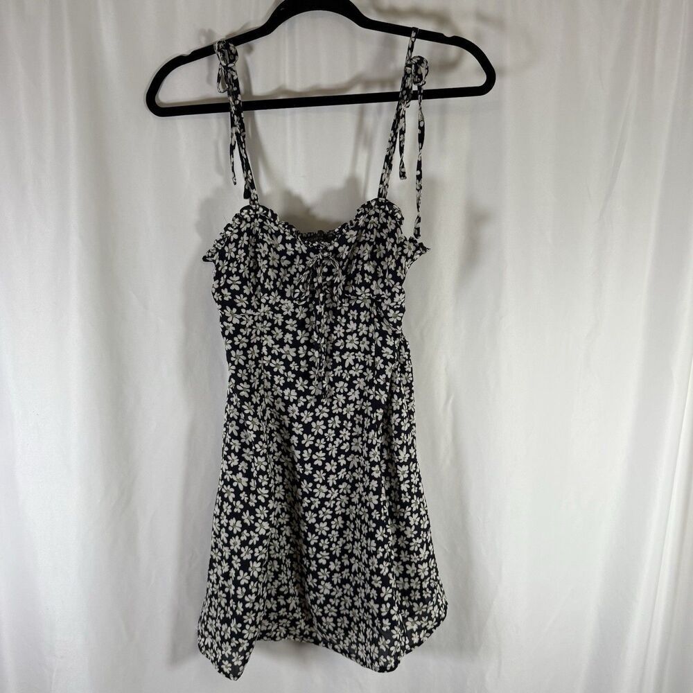 Dress Forum Mini Dress Women's Small Black Floral Spaghetti Strap Ties
